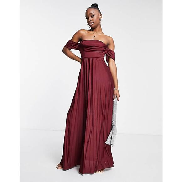ASOS Draped Neck Off Shoulder Pleated Maxi Dress Size 10 Burgundy NEW